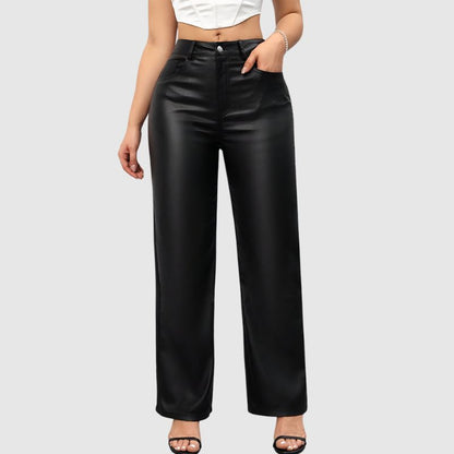 Pantalon Élegant en Cuir Taille Haute à Jambes Larges