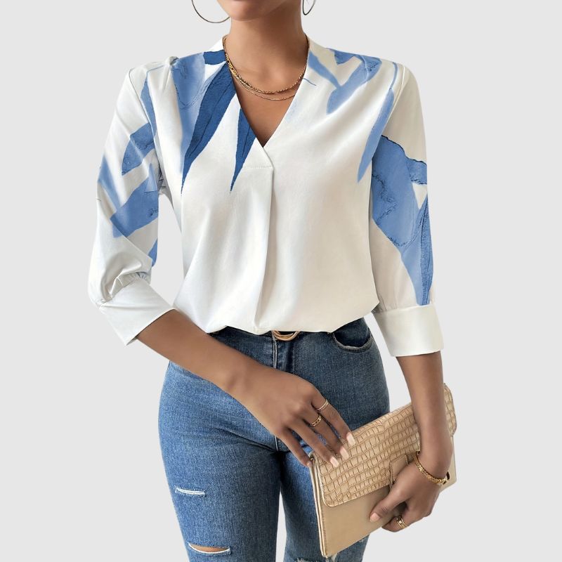 Blouse à Col V avec Imprimé Feuilles pour Femme