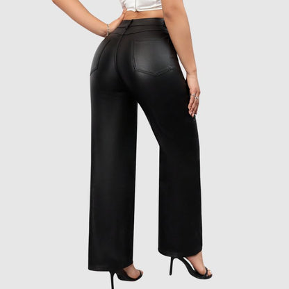 Pantalon Élegant en Cuir Taille Haute à Jambes Larges