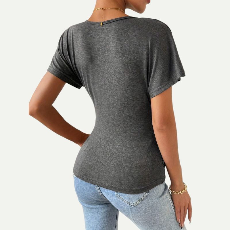 T-shirt Ajusté à Col V Croisé Froncé pour Femme