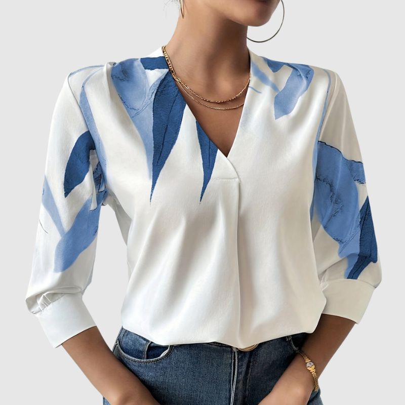 Blouse à Col V avec Imprimé Feuilles pour Femme